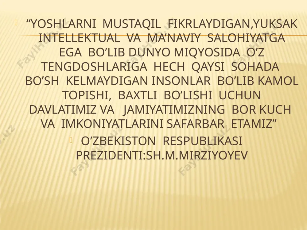 chalar c)litseylar d)kollejlar * 6.inson o’z umri davomida oladigan ma’lumotni ….%ini …..yoshgacha bo’lgan davrda oladi. a)70/6 b)90/8 c)80/7 d)70/5 7.2017-yil 30-sentabrda imzolangan prezident farmoni nima to’g’risida? a)maktabgacha ta’lim tizimini boshqarishni takomillashtirish to’g’risida b)maktab ta’limini rivojlantirish to’g’risida c)din ishlari qo’mitasini tashkil etish to’g’risida d)yuridik kadrlar tayyorlash tizimini yanada takomillashtirish to’g’risida 8.magistr so’zi qaysi tildan olingan? a)yunon b)lotin c)rus d)fransuz 9.turin politexnika universiteti filiali qachon ochilgan? a)2008 b)2009 c)2002 d)2014 10.qaysi o’quv yilidan boshlab test jarayoni 15 kun davomida o’tkazilyapti? a)2016-2017 b)2017-2018 c)2015-2016 d)2018-2019 11.tibbiy profilaktika yo’nalishida ta’lim necha yil etib belgilandi? a)6 yildan 5 yil b)5 yildan 4 yil c)7 yildan 6yil d)3yil 12.jadvalni to’ldiring. turin politexnika universiteti filiali ochildi rossiya iqtisodiyot akademiyasi filiali ochildi 8 ta viloyat pedagogika institutiga universitet maqomi berildi 6 ta otmda test sinovi asosida o’qishga qabul qilindi aspirantura doktorantura 1-a 9-b 2-b 10-d 3-c 11-a 4-c 12- 11-2009,1992,oliy ta’limdan keyingi ta’lim 5-b 13-surxondaryo 6-d 14-a 7-a …