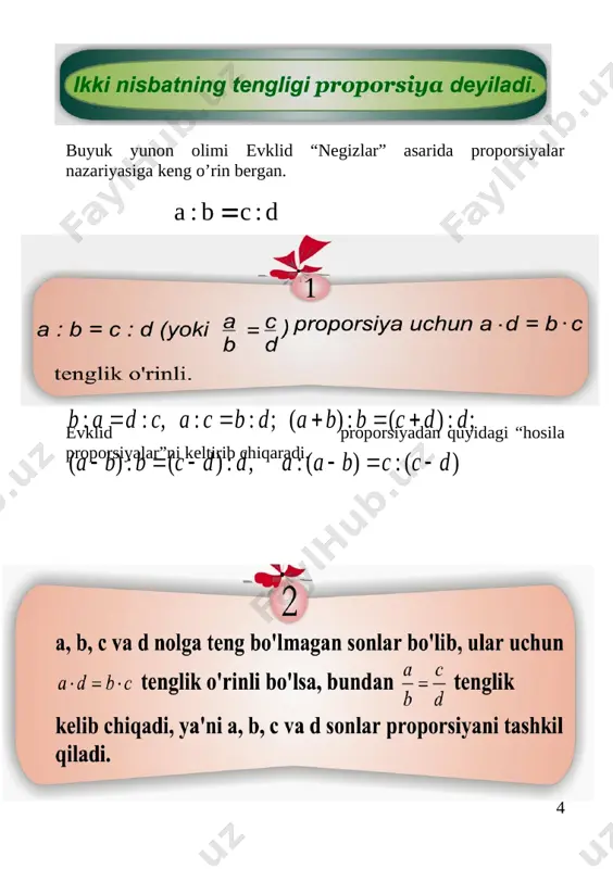ezlikda bosib o’tilgan yo’l ham shuncha marta ortadi. 2-xulosa: o’tilgan yo’lning vaqtga nisbati – tezlik o’zgarmay qoladi. 2-masala: 72 sonini 3, 7, 8 sonlariga to’g’ri proporsional qilib 3 ta qismga ajrating. yechilishi: 1) 3+7+8=18 2) 72:18=4 3) 4*3=12; 4*7=28; 4*8=32 demak 72 =12+28+32; 12:28:32=3:7:8 tarif: agar biror miqdor k marta ortganda ikkinchi miqdor k marta kamaysa, bunday miqdorlar teskari proporsional miqdorlar deyiladi. (k>0) k teskari proporsionallik koeffisenti 1-masala: jami yukni tashish uchun 3 t yuk ko’taradigan avtomashinadan 10 tasi kerak. shu yukni tashish uchun 5 t yuk ko’taradigan avtomashinadan nechtasi kerak bo’ladi? yechilishi: 3 t --- 10 5 t --- x proporsiya tuzamiz 3/5=x/10 yoki (3:5=x:10) 5x=3*10 x=6 javob 5 tonnali mashindan 6 ta kerak bo’ladi. 2-masala: 36 ni 2, 3, 7 sonlariga teskari proporsional bo’lgan 3 ta qismga ajrating. yechilishi: masalani yechimini “zinama-zina” o’yini orqali bajaramiz 21:9:6=7:3:2 36=21+9+6 3*2=6 3*3=9 3*7=21 36:12=3 2+3+7=12 [image: opisanie: masala2]darsning mustahkamlash: tenglamani yeching. …