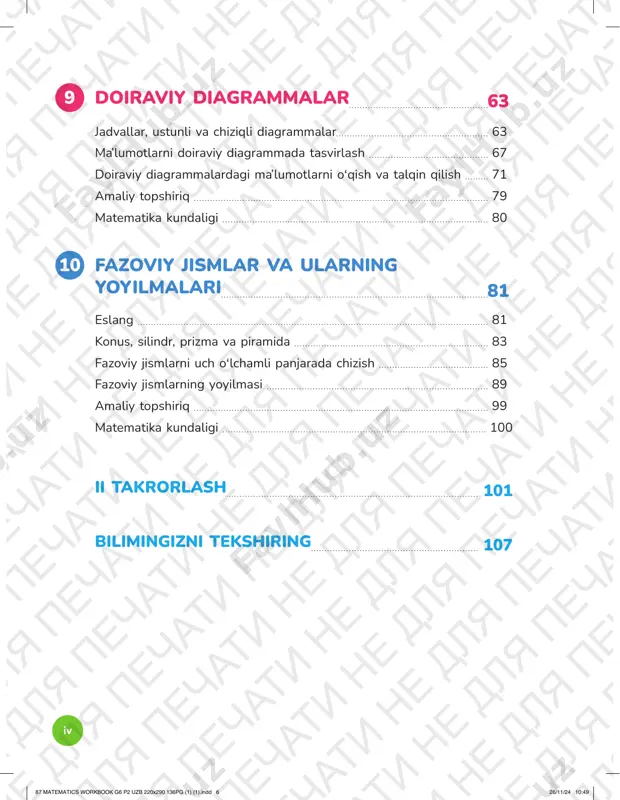 di. demak, ... a mashina b mashinaga qaraganda sekinroq yurdi. a mashina b mashinaga qaraganda tezroq yurdi. b mashina a mashinaga qaraganda tezroq yurdi. a va b mashinalarning tezligi bir xil. 87 matematics workbook g6 p2 uzb 220x290 136pg (1) (1).indd 487 matematics workbook g6 p2 uzb 220x290 136pg (1) (1).indd 4 26/11/24 10:4926/11/24 10:49 5 ism: sinf: sana: tezlik, bosib o‘tilgan masofa va vaqtni topish d1 2-topshiriq 1 quyidagilarning tezligini yozing. tezligi a) sevara 25 sekundda 100 metr masofaga yugurdi. m/s b) laziz amaki 2 soatda 10 km masofaga yugurdi. km/h c) javlon 20 minutda 800 metr masofaga suzdi. m/min 2 quyidagilar uchun bosib o‘tilgan masofani yozing. masofa a) mushuk 5 cm/s tezlik bilan 10 sekund yurgan. cm b) poyezd 90 km/h tezlik bilan 5 soat yurgan. km 87 matematics workbook g6 p2 uzb 220x290 136pg (1) (1).indd 587 matematics workbook g6 p2 uzb 220x290 136pg (1) (1).indd 5 …