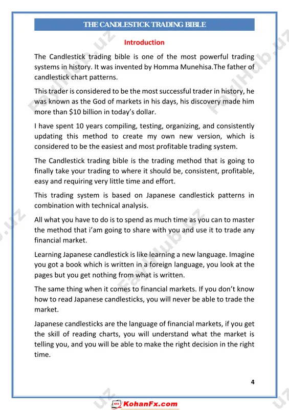 bar strategy https://kohanfx.com 7 the candlestick trading bible -the engulfing bar strategy -the inside bar strategy -the inside bar false breakout strategy -trades examples i highly recommend you to master the previous sections before jumping to this section, because if you don’t master the basics, you will not be able to use these strategies as effective as it would be. in this section you will learn how to identify high probability setups in the market, and how to use these candlestick patterns in trending markets and ranging markets to maximize your profits. 6-money management in this section, you will learn how to create a money management and risk control plan that will allow you to protect your trading capital and become consistently profitable. https://kohanfx.com 8 the candlestick trading bible history of candlesticks candlesticks have been around a lot longer than anything similar in the western world. the japanese were looking …