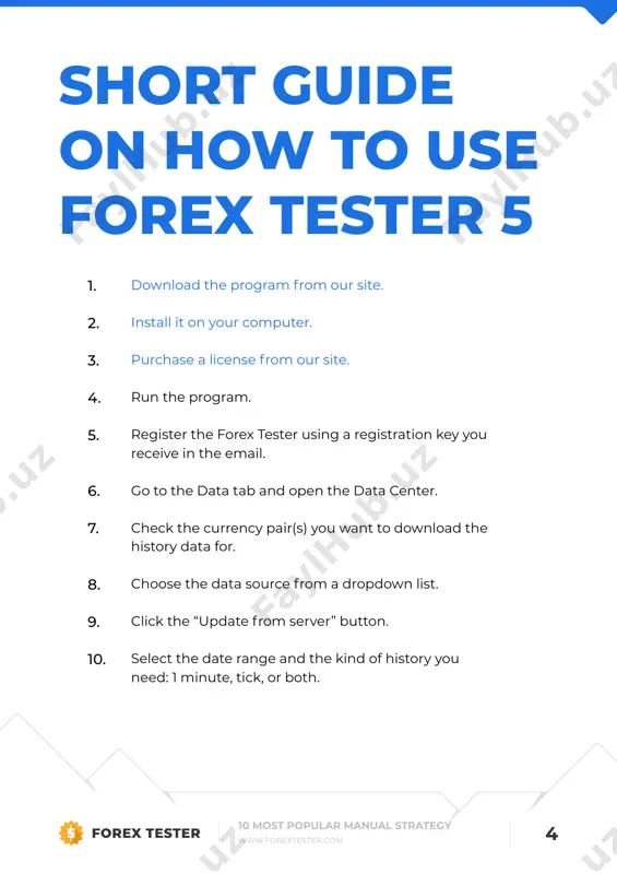 s. www.forextester.com 1010 most popular manual strategy www.forextester.com 1110 most popular manual strategy www.forextester.com www.forextester.com strategy #2 martingale hedging with exponential lot increase anycurrency pair: h1timeframe: simple moving average (100)indicators: 1-mindata type: medium (basic subscription forexite) data quality: nonestop loss: 30 pips (or any other fixed value)take profit: sma 100templates: buy rules: 1. 2. 3. open a buy order at any price if the price is above the moving average with the 0.01 lot size. place buy limit 50 pips below and set the 0.02 lot size. the take profit should be placed at the entry of the first trade. place buy limit 100 pips below the first trade and set the 0.04 lot size. all take profits should be placed at the level of the first trade. 1210 most popular manual strategy www.forextester.com www.forextester.com 1310 most popular manual strategy www.forextester.com www.forextester.com 4. 5. place buy limit 150 pips below …