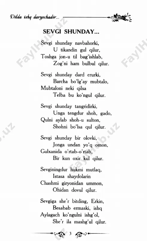 rgina quyosh. (l)ilda ishtj daryochadir.. tun bilan yig‘labdi bulbul... tun bilan yig‘labdi bulbul g ‘uncha hajri dog‘ida. ko‘z yoshi shabnam bo‘lib qolmish uning yaprog‘ida. ko‘z yumar bo‘lsam, ko‘zim — oldida paydo gul yuzim, g ‘uncha ko‘z ochmog'i bor bulbul ko‘zin yummog'ida. asta barg ostida tinglab yotgan ermish sho‘x sabo, g'uncha bulbuldan muhabbat darsin olgan chog'ida. sevgi sahrosida qolmish necha majnundan g‘ubor, necha farhod gardi yotgay bistunning tog'ida. g ‘unchadek chehrangga erkin jon fido etgay, sanam. qatra qonidan gul unsin to muhabbat bog‘ida. barcha shodlik senga bo lsin barcha shodlik senga bo‘lsin, bor sitam, zorlik menga. barcha dildorlik senga-yu, barcha xushtorlik menga. sen mening jonimni olgin, men sening darding olay, barcha sog'lik senga bo'lsin, barcha bemorlik menga. senga bo'lsin barcha husn-u menga bo‘lsin barcha ishq, kori xunxorlik senga-yu, mehri poydorlik menga. bu jahonning rohatin ol, bor azobin menga ber, senga bo‘lsin barcha orom, barcha bedorlik menga. o l o‘zing koshonalarni, menga …