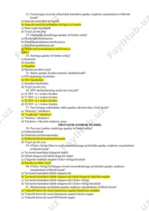 ni bekor qila oladimi? a) ha b) yo'q 28. laborant tizimga tahlil natijalarini kiritgandan so'ng, shifokor va bemor natijalarni ko'rishlari uchun nima qilishi kerak? a) tahlilni tasdiqlash b) tahlilni chop etish c) tahlilni shifokonga yuborish d) tahlilni bemorga yuborish 29. laborant tasdiqlagandan so'ng tahlil natijalarini o'zgartira oladimi? a) ha b) yo'q 30. laborantning harakat tartibini ko'rsating a) biomaterial olish - olishni tugatish - tasdiqlash - natijani kiritish b) biomaterial olish - olishni tugatish - natijani kiritish - tasdiqlash c) natijani kiritish - biomaterial olish - tasdiqlash d) tasdiqlash - biomaterial olish - olishni tugatish - natijani kiritish hamshira 31. hamshiraga qanday bo'limlar ochiq? a) qabullar/bemorlar/patronaj/statsionar b) qabullar/bemorlar/patronaj/ombor c) qabullar/bemorlar/patronaj d) qabullar/bemorlar/patronaj/statsionar/ombor 32. fizioterapiya kursini o'tkazishda hamshira qanday majburiy maydonlarni to'ldirishi kerak? a) sana/davomiylikni ko'rsatish b) sana/davomiylik/protsedura birligini ko'rsatish c) sana/vaqtni ko'rsatish d) to'g'ri javob yo'q 33. ombordan hamshiraga qanday bo'limlar ochiq? a) hisob/sarf/sterilizatsiya b) hisob/nomenklatura/sterilizatsiya c) hisob/nomenklatura/sarf d) hisob/sarf/nomenklatura/sterilizatsiya statist …