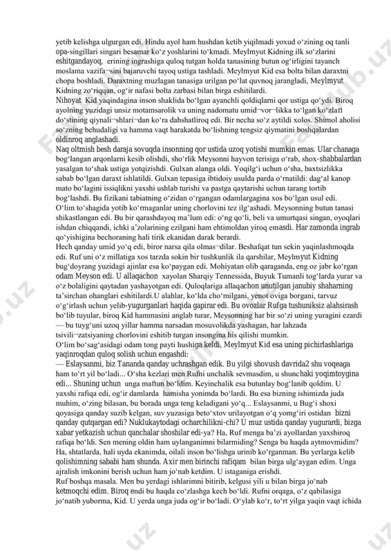 li bunga imkon bermas edi. shimol bo‘ylab yurish—og‘ir, halokatli mehnat. bunda faqat orsizlarcha sukut saqlab yo‘l qiyinchiliklarga dosh bergan yoki o‘zi uchun yangi so‘qmoqni kashf eta olgan insongina baxtlidir. dunyoda yangi yo‘l ochish kabi odamni holdan toydiradigan yumush bo‘lmasa kerak .keng, to‘qima chang‘ilar har qadamda yemiriladi, oyoqlar tizzagacha qorga botadi. ana undan so‘ng oyoqni ehtiyotkorlik bilan sug‘urib olish zarur. tik yo‘ldan dyuymning arzimas bo‘lagicha chetga chiqish ham kulfat keltiradi. negaki hali chananing yuqori qismi qordan forig‘ bo‘lmagan. bu holda oldinga bir qadam tashlaysan va eng kamida yarim yard chuqurlikdagi ikkinchi oyog‘ingni ko‘tarishga urina boshlaysan. birinchi bo‘lib yo‘l ochayotgan odam esa, hatto shungacha chang‘ilarini bir-biriga urib olmagan va xiyonatkor qorga ishonib bor bo‘yi bilan qulamagan bo‘lsa-da,yuz yarddan keyinoq holdan toyib yiqiladi. bunda kun bo‘yi biror marta itlar oyog‘i ostida qolmagan odamgina toza vijdon va g‘urur bilan uyqu qopiga kirishga loyiq edi. buyuk shimol so‘qmog‘i bo‘ylab yigirma besh uyqulik yo‘l bosgan kishiga …