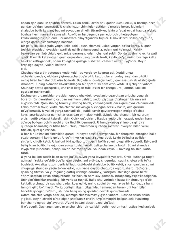 vib boradi. tez oqar soy va jug’alar muz buan qoplanadi, sovuq tushadi, ularesajanubga, gudzon ko’rfazidagi faktoriyalardan biriga yetib oladilar, u tomonlarda baland-baland azamat daraxtlar o’sadi va oziq-ovqat ham istagancha topuadi. zo’rg’a sudralib borayotgan yo’lovchi mana shular haqida o’ylar edi. lekin yurish qanchalik og’ir bo’lmasin, bill uni yolg’iz tashlab ketmaydi, degan fikrga ishonish undan ham qiyin edi. bill hech shubhasiz uni narsalar yashirugan joyda kutib o’tiradi. u shunday deb o’ylashi kerak, aks holda bundan keyin kurashni davom ettirishning hech hojati yo’q — unda oyoqni cho’zish-u, o’lib qo’ya qolishdan boshqa iloj yo’q. quyoshning xira gardishi shimoli g’arb tomonga sekin-asta yashirinayotgan qishdan qochib, janub tomonga qo’yiladigan har qadamini bir necha bor hisoblab chiqdi. u narsalar yashirilgan joydagi va gudzon kompaniyasining omboridagi oziq-ovqat zapasini qayta-qayta o’z xayolidan kechirdi. ikki kundan beri u hech narsa yegani yo’q, lekin undan ilgari ham to’yib ovqat yemagan edi. u tez-tez egilib, rangsiz botqoq mevalarini uzib og’ziga solar va …