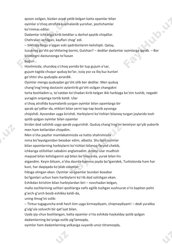 egan achchiq faryodini eshitdim. oyimlarning aytishicha, keyinchalik dadamlar ham bu qilmishidan pushaymon bo‘lganlar. kim bilsin, ehtimol, boshiga og‘ir musibat tushishini sezib yurgani uchundir, ehtimol, bir mahal dilimga ozor bergani esiga tushib uni ko‘nglimdan chiqarmoqchi bo‘lgandir, harqalay, umrimda birinchi bor boshimni silab muzqaymoq oberishga ahd qildilar. ko‘chaning narigi yuzida shahar bog‘i bo‘lar, bog‘ oldidagi maydonchada har xil suv, meva sharbatlari, muzqaymoq sotiladigan mitti-mitti do‘konchalar bo‘lardi. borsak, do‘konlar yopilgan ekan. dadamlar astoydil ranjidilar. – umrimda bir marta senga muzqaymoq olib bermoqchi bo‘lgandim, bu ham nasib qilmadi-yov, bolam! – dedilar u kishi allaqanday chuqur o‘kinch bilan. uyga borganimizda chiroqlar yongan, hovlidagi o‘choqqa qozon osilgan, bizdan avval yetib kelgan katta opamlar bilan oyimlar o‘choq atrofida kuymalanib yurishar, pochchamlar ko‘rinmas edilar. dadamlar ichkariga kirib ketdilar-u darhol qaytib chiqdilar. chehralari ochilgan, kayflari chog‘ edi. – sakuda birga o‘qigan eski qadrdonlarim kelishipti. qalay, tuzukroq go‘sht-po‘shtlaring bormi, gulshan? – dedilar dadamlar oyimlarga qarab. – bor bisotingni dasturxonga to‘kasan …