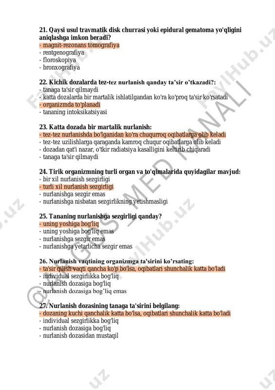 gilang: - dozaning kuchi qanchalik katta bo'lsa, oqibatlari shunchalik katta bo'ladi - individual sezgirlikka bog'liq - nurlanish dozasiga bog'liq - nurlanish dozasidan mustaqil @argos_m ed kanali user highlight user highlight user highlight user highlight user highlight user highlight user highlight 28. o'tkir nurlanish kasalligi qanday paydo bo'ladi: - ionlashtiruvchi nurlanishning kichik dozalariga tez-tez uzoq muddatli ta'sir qilish natijasida - ionlashtiruvchi davolashning katta dozalariga tez-tez uzoq muddatli ta'sir qilish natijasida - bir martalik qisqa ta'sir qilish natijasida - 100 rad dan ortiq dozada ionlashtiruvchi nurlanish ta'siri natijasida 29. surunkali nurlanish kasalligi qanday dozada paydo bo'ladi: - 100 dan ortiq rad - 200 dan ortiq rad - 500 dan ortiq rad - 300 dan ortiq rad 30. insonning o'rtacha yillik nurlanish dozasi qanchadan oshmasligi kerak? - yiliga 0,1 mz - yiliga 1 mz - yiliga 10 mz - yiliga 20 mz 31. homilador ayollar uchun rentgen tekshiruvi: - ruxsat berilgan - tibbiy …