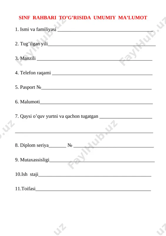 sinf rahbarlari faoliyatida quyidagilarga o‘xshash muammolar ko‘zga tashlanmoqda: − ayrim sinf rahbarlari tomonidan o‘quvchilarni tarbiyalash jarayonida o‘z oldilariga qo‘ygan maqsad va vazifalarining to‘g‘ri tashkil etilmaganligi; − tarbiyaviy soatlarning aniq o‘quv-mavzu reja asosida tashkil etilmayotganligi; − ta’lim-tarbiya va ma’naviy-ma’rifiy sohaga oid qonunlar va qonunosti hujjatlarning ko‘pchiligidan o‘qituvchi va sinf rahbarlarining yetarli darajada xabardor emasligi; − ba’zi sinflardagi o‘quvchilarda kundalik daftarlarining mavjud emasligi, borlarining ham sinf rahbari tomonidan nazorat qilinmaganligi; − ayrim o‘quvchilarning darslarga tayyorgarliksiz, hatto darsliklarsiz ishtirok etishlari; − o‘quvchilar internet va mobil telefon qaramligining jismoniy va ruhiy xatarlari haqida yetarli tushunchalarga ega emasliklari; − voyaga yetmaganlar o‘rtasida turli zararli oqimlar ta’siriga tushib qolish, jinoyatchilik va huquqbuzarlik holatlarining uchrayotganligi; − ota-onalar bilan samarali muloqotning yo‘lga qo‘yilmaganligi; − huquqbuzarlik, mobil telefon va internet qaramligi, narkomaniya, tamaki va alkogol mahsulotlarini iste’mol qilishga qarshi kurash hamda oldini olish bo‘yicha samarali chora- tadbirlar tizimi ishlab chiqilmaganligi. bugungi shiddatli davr barchamizdan axloqiy va ma’naviy jihatdan tarbiyaviy …