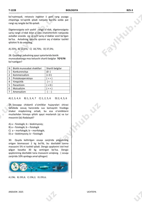 hi qutbdan xosil bo’lgan hujayradagi avtosoma xromasomalari sonini aniqlang. a) 17 ta; b) 16 ta; c) 15 ta; d) 14 ta; 17. ma’lum bir dnk fragmentida 1-zanjirdagi nukleotidlar ketma -ketligi quydagicha: atg cca gca agt. ushbu dnk fragmentining 2-zanjiridan sintezlangan oqsil tarkibidagi aminokislotalar ketma- ketligini ko’rsating. a) metionin-prolin-alanin-serin; b) valin-leysin-alanin-sisteyin; c) metionin-prolin-gistidin-serin; d) metionin-gistidin-prolin-serin; 18. ma’lum bir organizmda 1-juft genlar to’la, 2-juft genlar chala, 3-juft genlar chala, 4-juft genlar to’la t-1228 biologiya b25-3 andijon 2025 uchtepa dominantlik qilib irsiylansa. quydagicha genotipga ega organizmlar chatishtirilganda nechta fenotipik-a, va nechta genotipik-b sinf xosil bo’lishini aniqlang. aabbccdd x aabbccdd a) a-4, b-8; b) a-4, b-16; c) a-4, b-4; d) a-8, b-8; 19. onasi sog’lom o’zi polidaktliya bilan kasallangan qoni normal ivish xususiyatiga ega yigit. somatik hujayrasi mitoz bo’linish anafaza bosqichida yuqoridagi ikki belgi bo’yicha dominant-a, va retsessiv-b genlar uchrash sonini aniqlang. a) a-4, b-2; b) a-2, b-2; c) a-4, b-4; d) a-2, b-4; …