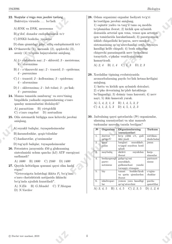 hgan hissalari va aniqlagan kashfiyotlari to‘g‘ri ko‘rsatilgan javobni aniqlang. a) t.shvann - uy hayvonlarida uchraydigan oqsil kasalligi qo‘zg‘atuvchilari; b) f.de errel - bakteriofag; s) d.i.ivanovskiy - tamaki mozaikasining o‘ziga xos xususiyatlari; d) a.levenguk - hujayrada yadro mavjudligi. a) b, c b) a, d c) b, d d) a, c 15. nerv sistemasi kasalligi to‘g‘ri ta’riflangan javobni aniqlang. a)nefrit − buyraklarning yallig‘lanish kasalliklari b)poliomiyelit − bosh miya to‘qimasining yallig‘lanishi c)nevrit − harakatlantiruvchi nerv tolalarining yallig‘lanishi d)miyelit − bosh miyani o‘rab turgan pardaning yallig‘lanishi 16. postembrional davri to‘g‘ri rivojlanish yo‘li bilan amalga oshuvchi xordalilar tipi vakillarini aniqlang. 1) trixogramma; 2) treska; 3) chumolixo‘r; 4) assidiya; 5) korall aspidi; 6) tovusko‘z; 7) iguana; 8) zog‘ora baliq a) 1, 2 b) 3, 5 c) 6, 7 d) 4, 8 17. tirik organizmlarning suv tanqisligida suv bug‘lanishini kamaytiruvchi moslanishlarini aniqlang. 1) termitlarning yer osti suvlarigacha yo‘l ochishi; 2) alp o‘tloqlari o‘simliklarida barglarning so‘linqirab turishi; 3) …
