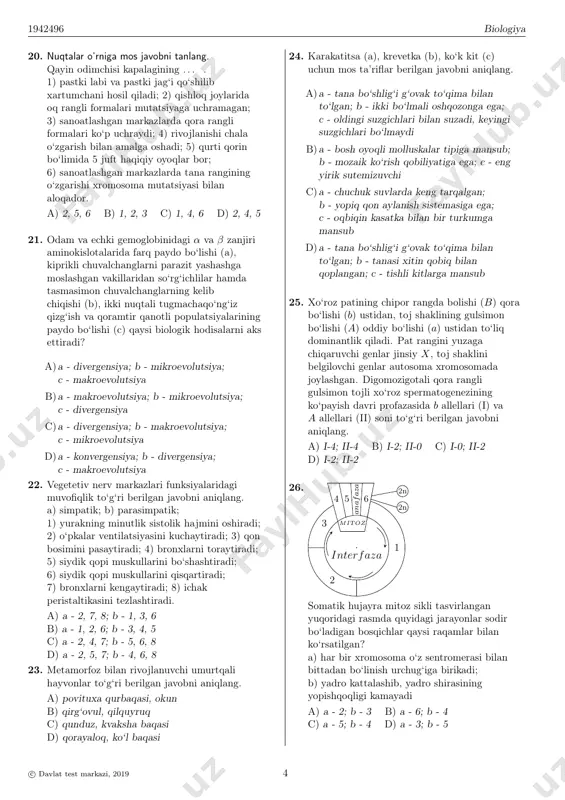 2, 4, 8 b) 1, 7, 8 c) 3, 6, 7 d) 2, 4, 5 13. ildizpoya hosil qiluvchi o‘simliklarni aniqlang. a) qamish, nargis b) yalpiz, funariya c) ajriq, zarpechak d) gulsafsar, shirinmiya 14. dnk fragmentining bir zanjiri 1050 ta nukleotiddan iborat bo‘lsa, shu fragment asosida sintezlangan oqsil molekulasining molekular massasini (a) hamda peptid bog‘lar sonini (b) aniqlang. (oqsil tarkibidagi bitta aminokislota qoldig‘ining molekular massasi 120, i-rnk ning barcha kodonlariga t-rnk ning antikodonlari komplementar.) a) a - 21000; b - 349 b) a - 42000; b - 349 c) a - 21000; b - 350 d) a - 42000; b - 350 15. tiriklikning populatsiya darajasidagi jarayonlari berilgan javobni aniqlang. 1) manjur kenja turining hosil bo‘lishi; 2) uglerodning davriy aylanishi; 3) pingvinlarning koloniya hosil qilishi; 4) kommensalizm; 5) xemosintez. a) 3, 4 b) 2, 5 c) 1, 4 d) 1, 3 16. sog‘lom odamda epiteliy to‘qimasi uchun berilgan to‘g‘ri fikrni …