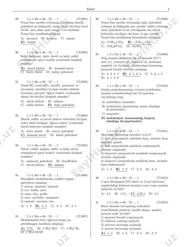 ) benzol, 1,3,5-trinitrobenzol d) benzol, 2,4,6-trinitrokumol 2777. 6.5-2 file-» 80 - 6 - - (312637) quyida keltirilgan o‘zgarishlar natijasida hosil bo‘lgan x, y, z moddalarni aniqlang. atsetilen h2o−→ x ag2o(nh3)−→ y cl2−→ z a) etanal, etan kislota, xlorsirka kislota b) etilenglikol, etanol, 1,2-dixloretan c) etanol, etanal, etanol d) etanal, etanol, etilxlorid 2778. 6.5-2 file-» 80 - 6 - - (312638) quyida keltirilgan o‘zgarishlar natijasida hosil bo‘lgan x1, x2 moddalarni aniqlang. metan 1500◦c−→ x1 h2o(hg+2)−→ x2 a) metanol va etan kislota b) etan va propan c) atsetilen va sirka aldegid d) etilen va etilenglikol 2779. 6.5-2 file-» 80 - 6 - - (312639) quyida keltirilgan o‘zgarishlar natijasida hosil bo‘lgan x1, x2 moddalarni aniqlang. ammiak o2,kat.−→ x1 o2−→ x2 o2+h2o−→ hno3 a) azot oksid, nitrit kislota b) azot, azot(ii) oksid c) azot(ii) oksid, azot(iv) oksid d) azot, azot(iii) oksid kim 140−→ x4 kmno4(h2o)−→ x5 a) atsetaldegid, propanol b) etanol, etilenglikol c) etil …