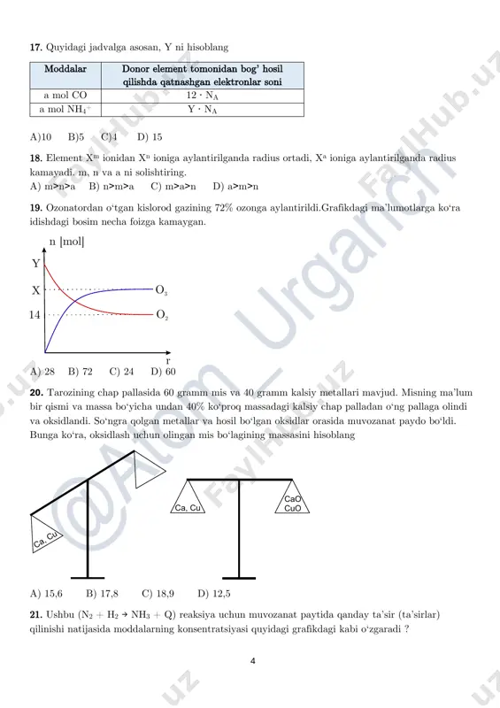 2·1023 b) 12,04·1019 c) 18,06·1019 d) 96,32·1018 28. 2 mol xso4 tuzining suvda toʻliq erishi natijasida hosil boʻlgan 680 g eritmaga magniy plastinkasi kiritilganda x ionlari toʻliq qaytariladi. agar yangi eritmadagi tuzning massa ulushi 40% bo‘lsa, x qanday metall bo‘lishi mumkin? a)(mg) = 24; a)(s) = 32; a)(o) = 16 a) 56fe b) 64cu c) 65zn d) 52cr 29. 40 g 50% li sulfat kislota suvli eritmasiga 50 g 40% li oleum qo‘shildi. oxirgi eritma tarkibini (g) aniqlang. a) m(h2so4) = 60 g; m(h2o) = 30 g b) m(h2so4) = 74,5 g; m(h2o)= 15,5 g c) m(h2so4) = 70 g; m(h2o) = 20 g d) m(h2so4) = 64,5 g; m(h2o) = 25,5 g 30. 46,2 g 75% li cu(no3)2 eritmasiga 14,8 g fe plastinka botirib qo‘yildi va ma’lum muddatdan keyin eritmadan chiqarib olindi. agar hosil bo‘lgan eritmadagi fe(no3)2 ning massa ulushi hosil bo‘lgan plastinka tarkibidagi cu ning massa ulushiga teng …