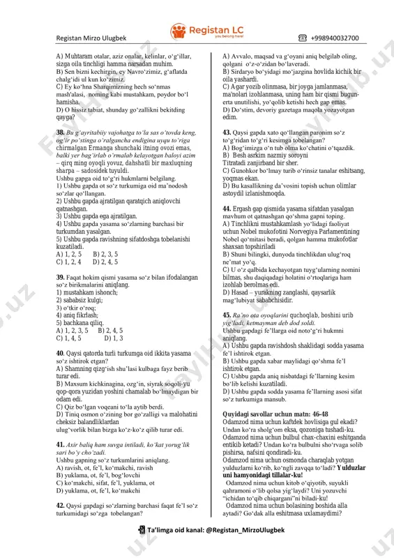 riyasi → o`pka → o`pka venasi → chap bo`lmacha → chap qorincha → aorta → organ va to`qimalar d) qon tomir kapillarlari → jigar → pastki kovak vena → chap bo`lmacha → chap qorincha → o`pka arteriyasi → o`pka → o`pka venasi → o`ng bo`lmacha → o`ng qorincha → aorta → organ va to`qimalar 22. jadvalning qaysi qatorida gormon va uning vazifasi to`g`ri ko`rsatilgan. № gormon vazifasi 1 insulin miqdori normadan kamaysa qonda qand miqdori kamayadi 2 paratgormon miqdori normadan ortsa muskul qo`zg`aluvchanl igi ortadi 3 somatotrop oqsillar almashinovini boshqaradi 4 tiroksin jinsiy bezlar funksiyasini pasaytiradi a) 1 b) 2 c) 3 d) 4 23. ko`k qoya kaptaridan (a), yovvoyi bankiv tovug`idan kelib chiqqan (b) zotlarni aniqlang. 1) romanov; 2) plimutrok; 3) turman; 4) axaltaka; 5) murg`ob. a) a – 1; b – 4 b) a – 3; b – 2 registan mirzo ulugbek ☎️ +998940032700 📲 ta’limga oid kanal: …