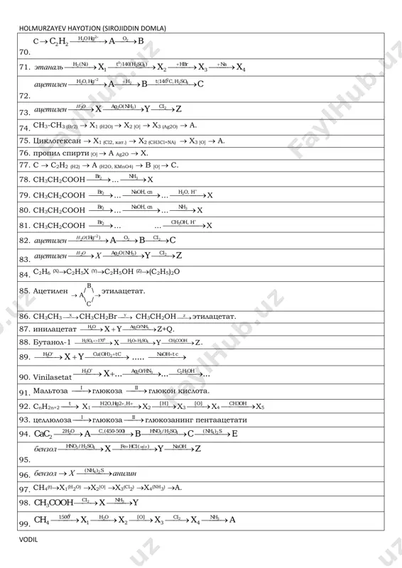 naohmo'lhcifesohhno      )(/ 423 96. anilinxbenzol snh   24 )( 97. sn4 (t)x1 (n 2 o) x2 [o] x3 (cl 2 ) x4 (nh 3 ) a. 98. yxcoohch nhci  32 3 99. axxxxch nhciooh   322 0 43 ][ 21 1500 4 holmurzayev hayotjon (sirojiddin domla) vodil 100. geptan pt h y z hno kmno       3 2 3 4 / \ 101. naooc(ch2)2coona 23223 )()()(32332 ochchchchochzyx hciohchohnhsp     102. c4h10+4s → x → y → z → x 103. buten-2 (br2)  a (kon+spirt)  x. 104. al c a c cac x y z m h o br koh h o h o hg h o 2 3 2 2 2 2 2 2                 | | …