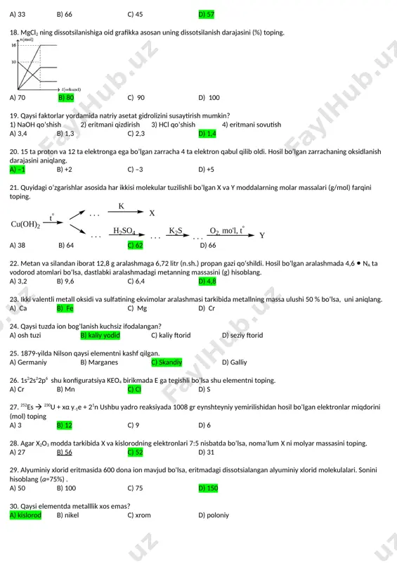 ashib jami necha xil tuz hosil qilishi mumkin ? a) 3 b) 4 c) 5 d) 6 10. 11,2 g koh dan foydalanib qanday massali (g) 4 molyalli eritma tayyorlash mumkin? (molyallik – 1 kg erituvchiga mos keluvchi erigan modda miqdori) a) 41,2 b) 51,2 c) 61,2 d) 71,2 11. formulasi c5h12 bo’lgan uglevodorodning faqat tarmoqlangan izomerlari tarkibidagi ikkilamchi va uchlamchi uglerodlar yig’indisi nechta? a) 3 b) 1 c) 0 d) 2 12. e3(po4)2 tarkibidagi e ning 1 ekv massasi 20 ga teng bo’lsa birikmaning ekvivalent massasini aniqlang. a) 51,67 b) 155 c) 310 d) 103,33 13. 40 % li (p = 1,2 g/ml) 500 ml suvli eritmaga 1400 (g) suv qo‘shilganda necha % li eritma hosil bo‘ladi? a) 16 b) 17 c) 14 d) 12 14. quyidagi birikmalarning qaysi birida x ning massa ulushi eng kichkina bo‘ladi? a) xy b) xy2 c) x2y3 d) x2y 15. c4h7br ga to’g’ri …