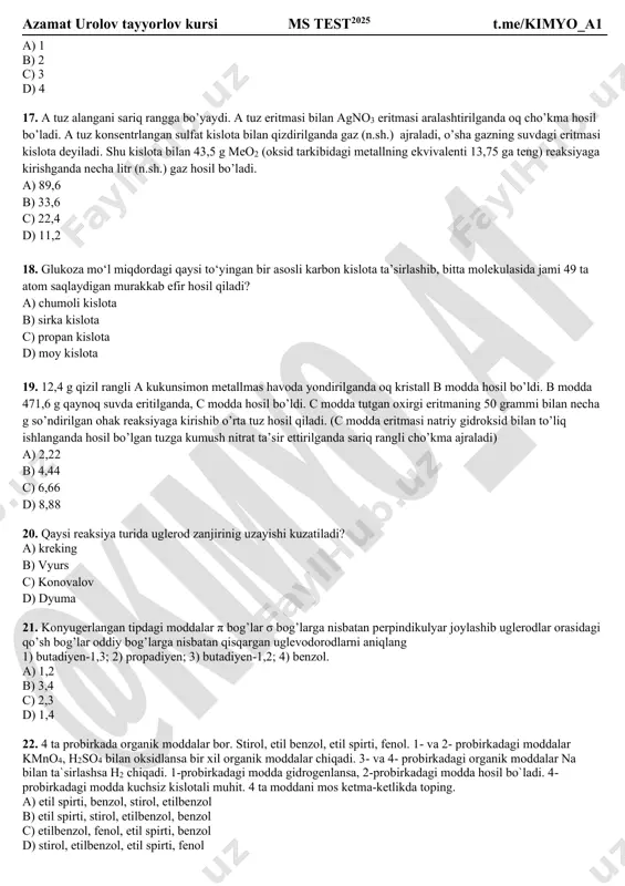ustidan o’tkazildi. olingan organik birikma cu(oh)2 bilan ishlanganda 115,2 g qizil cho’kma va 0,4 mol sariq cho’kma tushdi. dastlabki reaksiyada sarflangan spirt massasini toping. a) 30 b) 72 c) 60 d) 120 24. formaldegid va chumoli kislotaning 5,3 g aralashmasi kumush oksidining ammiakdagi eritmasi bilan ishlanganda 54 g cho’kma hosil bo’ldi. dastlabki aralashmadagi chumoli kislotaning massasni (g) toping. a) 3 b) 2,3 c) 4,6 d) 1,5 25.umumiy formulasi berilgan yog’ uchun to’g’ri ma’lumotni aniqlang. a) tarkibidagi kislota qoldiqlari to’yingan bo’ladi b) qattiq yog’ c) suyuq yog’ d) gidrolizlanganda glitserin va palmitin kislota hosil bo’lishi mumkun 26. berilgan moddalarning nechtasi cnh2non formulaga mos keladi? 1) chumoli kislota; 2) glyukoza; 3) sirka aldegid; 4) saxaroza; 5) chumoli aldegid; 6) fruktoza; 7) sirka kislota. a) 2 b) 3 c) 4 d) 5 27. berilgan polimer uchun xos ma’lumotlarni tanlang. a) polimerlanish reaksiyasi natijasida hosil bo’ladi; b) nomi “vinil xlorid”; c) polimerning massasi 312500 …