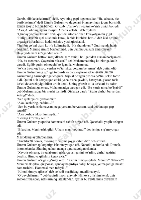 qizlar o’zlari uchun maxsus ajratilgan hovliga chiqtilar. ummu gulsum u yerda ham o’zini rasmga olib profiliga joyladi. ayollarga ajratilgan joyga erkaklar ham kirayotganini ko’rgan bir yigit nima bo’layotganini tushunmay, borib koʻrishga qaror qildi. borib qarasa go’zallar go’zali bir qiz, bilagini ochib yengini shimarib olgan, ozgina ochilib turgan bo’yniga tushib turgan ro’molini tez-tez orqaga tashlab xizmat qilayotgan edi. kimdir kelganini sezgach “keling, nima xizmat” deb boshini ko’tardi-yu, uzun bo’yli, gavdali, g’azab to’la nigohli yigit bilan qarshilashdi. bu o’sha bir necha oy avval ko’chada uchratib qolgan yigit edi. yonoqlari qizarib ketdi. ko’zlariga tik qarab “keling marhamat, qanday yordamim kerak” dedi. ammo, yigit ummu gulsumga gʻazab qilib, yonidagi ayoldan yordam istadi va chiqib ketdi. kim edi bu? axir yigitlar, ummu gulsumning ko’zlariga bir bora qarash uchun navbatda turishardi. unga e’tibor ham bermagan bu yigit kim edi? shu kundan boshlab ummu gulsum har kuni masjidga kelib yordam beradigan bo’ldi. eng chiroyli kiyimlarini kiyar, tabiiy …