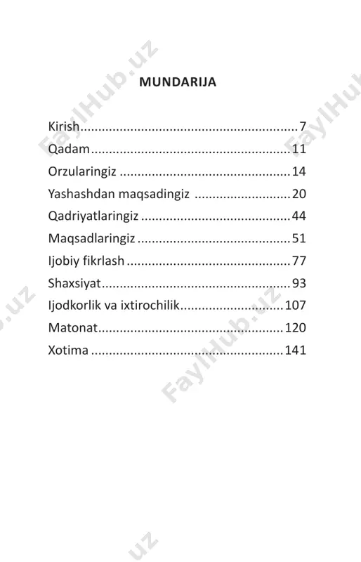 ga ko‘milib o‘ rishin- giz mumkin. siz bilan aynan shu, ya’ni siz va sizning imkoni- yatlaringiz, iq doringiz haqida suhbatlashish ni- ya daman va bu kitob orqali hayot yo‘lingiz uchun tamal toshi qo‘yishingizda ko‘maklashmoq- chiman. unutmang, bu dunyo bog‘ida yolg‘iz emassiz, men ham siz bilan birgaman, mening suhbatdosh do‘s m! samimiyat bilan, muallif 10 s x ‘ 11q qadam siz bilan hozir oddiy tajriba o‘tkazamiz. chap tomondagi bo‘sh sahifa us ga qo‘lingizni qo‘yib, qalam bilan ka ingiz shaklini chizing. keyin esa chizilgan besh barmoq ichiga alohida-alohida savollar yozib chiqamiz. balki bu savollarni oldin o‘zingizga berib ko‘rmagandirsiz, lekin, ular har bir inson hayo dagi muhim savollardir. agar siz bu savollarga chin yurakdan va xolis javob bera olsangiz kitob o‘z maqsadiga erishgan, siz ya- shashdan maqsadingizni belgilab olgan, o‘zin- gizga ishonchingiz ortgan, qiziqarli va mazmun- li hayot rejangizni tuzgan bo‘lasiz. qanday qilib deysizmi, hozir hammasini tushun raman. barmoq ichiga quyidagi savollarni yozing: …