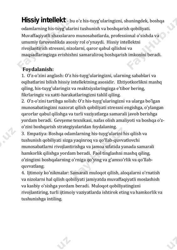 t ajrating, ayniqsa stress kuchaygan davrlarda. 3. tezda tinchlanish va hissiy muvozanatni tiklash uchun stress yoki tashvish hissiyotlariga javoban tanlangan usuldan foydalaning. 4. turli usullar bilan tajriba qiling va siz uchun eng samarali va yoqimli bo'lganlarini tanlang. etakchilik psixologiyasi odamlarga samarali va ilhomlantiruvchi lider bo'lishga yordam beradigan nazariyalar, usullar va amaliyotlarni o'rganadi. bu etakchilikning psixologik asoslarini tushunish, etakchilik qobiliyatlarini rivojlantirish va boshqalarga ta'sir qilish qobiliyatini o'z ichiga oladi. asosiy jihatlar - his-tuyg'ularni boshqarish, aloqa, motivatsiya va shaxsiyatni rivojlantirish. foydalanish: 1. emosional intellektni rivojlantirish: rahbar o‘zining hamda boshqa odamlarning his-tuyg‘ularini tushuna olishi va boshqara olishi kerak. o'z-o'zini tahlil qilish, empatiya va hissiy o'zini o'zi boshqarish ko'nikmalarini rivojlantirish. 2. muloqot ko‘nikmalarini rivojlantirish: samarali yetakchilik aniq va ishonarli muloqot qilish, boshqalarni tinglash va ishonchni mustahkamlash qobiliyatini talab qiladi. faol tinglash, empatiya va ishontirish qobiliyatlarini rivojlantirish ustida ishlang. 3. motivatsiya va ilhom: rahbar o‘z jamoasini umumiy maqsadlarga erishishga undashi va ularni muvaffaqiyatga ilhomlantirishi kerak. …
