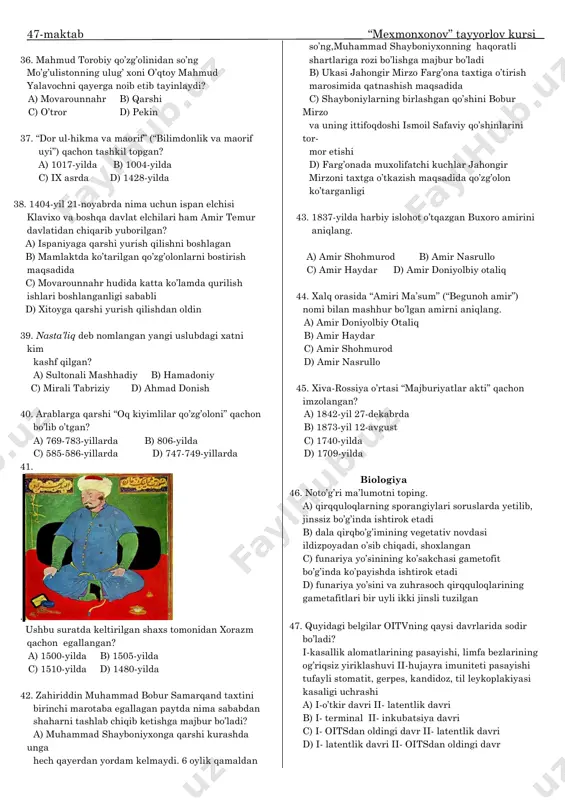 non-baqtriya, parfiya 32. kushon podsholigi kimning hukmronlik davrida qudratli davlatga aylangan? a) yevtide b) kudzula kadfiz c) kanishka d) vima kadfiz 33. “buyuk meridianal yo‟l” ga “ipak yo‟li” degan nomni 1877-yilda kim bergan? a) g. shlimann b) f. rixtgofen c) a. dyuperron d) j.f. shampolyon 34. tarixda “loy jangi” nomi bilan kirgan jang qachon bo‟lib o‟tgan? a) 1365-yil 22-may b) 1363-yil c) 1395-yil 15-aprel d) 1402-yil 20-iyul 35. mo‟g‟ullarga qarshi urganch aholisi bilan birgalikda shaharni o‟z do‟st-u shogirdlari va izdoshlari bilan himoya qilgan shaxs kim? a) g‟oirxon b) qoracha hojib c) najmiddin kubro d) temur malik turi hajmi narhi zig‟ir 1 litr 11000 so‟m kunjut 0,9 litr 10000 so‟m zaytun 1,8 litr 19000 so‟m pahta 2 litr 20000 so‟m 47-maktab “mexmonxonov” tayyorlov kursi 36. mahmud torobiy qo‟zg‟olinidan so‟ng mo‟g‟ulistonning ulug‟ xoni o‟qtoy mahmud yalavochni qayerga noib etib tayinlaydi? a) movarounnahr b) qarshi c) o‟tror d) pekin 37. “dor ul-hikma va …