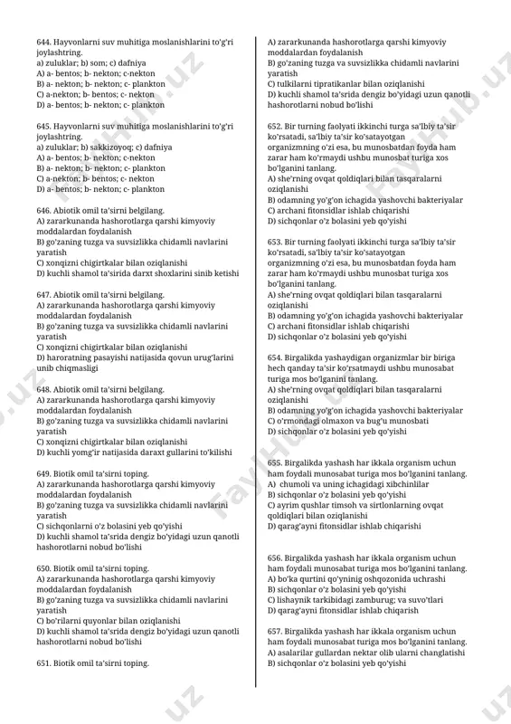 nteridiy c) a – arxegoniy ; b - arxegoniy d) a - changdon b – anteridiy 627. suli (a) vs saur (b) tuxum hujayralari qaysi organlarida yetiladi ? a) a- tugunchga b- tuguncha b) a- arxegoniy b- arexegoniy c) a- tuguncha b- arxegoniy d) a- meva b- qubba 628. suli (a) vs saur (b) urug’ hujayralari qaysi organlarida yetiladi ? a) a- changdon b- changdon b) a- anteridiy b- anterdiy c) a- changdon b- anteridiy d) a- meva b- qubba 629. endokrin sistemasi ishi buzilsa xotiraning qaysi turi izdan chiqadi ? a) og’zaki b) emotsional c) obrazli d) harakat 630. o’simliklar dunyosida arogenenez yo’nalishiga xos ma’lumotni ko’rsating a) chang nayining hosil bo’lishi b) burchoqdoshlar oilasida bargning yonbargchasi paydo bo’lishi c) rafkleziyaning poya va barglarini yo’qligi d) bodringni jingalaklari yordamida tayanchga 631. hayvonot olamida katogenez yo‘nalishiga mos evolutsion o‘zgarishlarni aniqlang. 1) baliqlarda bosh va orqa miyaning paydo bo‘lishi; 2) jigar qurtida …