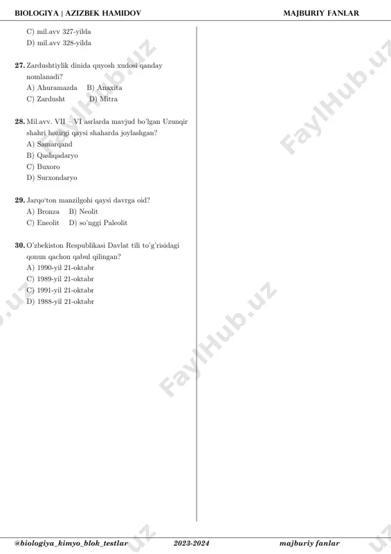 lar qay holatda joylashganligini to’g’ri aniqlang 1) o’ng qorincha va o’ng bo’lmacha o’rtasida uch tavaqali klapan ; 2) chap qorincha va o’ng qorincha orasida ikki tavaqali klapan ; 3) o’ng qorincha va o’pka arteriyasi o’rtasida yarimoysimon klapan ; 4) chap qorincha va chap bo’lmacha o’rtasida ikki tavaqali klapan ; 5) chap qorincha va aorta qon tomiri o’rtasida yarimoysimon klapan a) 1, 3, 4 b) 1, 2, 5 c) 1, 2, 4 d) 2, 4, 5 36. ikki uyli o’simliklarni aniqlang 1) olma ; 2) makkajo’xori ; 3) qovoq ; 4) tol ; 5) terak ; 6) shaftoli a) 1, 6 b) 2, 3 c) 1, 4 d) 4, 5 37. quyidagi rasmda berilgan organizm uchun mos keladigan javobni aniqlang a) uzoq sharq dengizlarida tarqalgan b) hozirgi kunda ovlash man qilingan c) terisi va yog’i uchun ovlanadi d) bolasining terisi oq mayin jun bilan qoplangan 38. tanasi bir qavat kiprikli epiteliy …