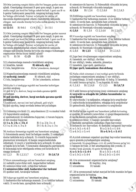 ’lmagan xususiyatlarni aniqlang. 1) ziradoshlar oilasiga mansub; 2) qoqio’tdoshlar oilasiga mansub 3) gultojisi naysimon; 4) gultojisi tilsimon; 5) ziravor o simlik; 6) moyli o simlik a) 2,4,6 b) 1,3,5 c) 1,4,6 d) 2,3,5 20.alqor o'simligiga xos xususiyatlarni aniqlang 1) ziradoshlar oilasiga mansub; 2) qoqio'tdoshlar oilasiga mansub; 3) gultojisi erkin; 4) gultojisi tilsimon; 5) ziravor o’simlik; 6) moyli o’simlik a) 2,4,6 b) 1,3,5 c) 1,4,6 d) 2,3,5 21.alqor o'simligiga xos xususiyatlarni aniqlang 1) ziradoshlar oilasiga mansub; 2) qoqio'tdoshlar oilasiga mansub; 3) gultojisi erkin; 4) gultojisi tilsimon; 5) ziravor o’simlik; 6) moyli o’simlik a) 2,4,6 b) 1,3,5 c) 1,4,6 d) 2,3,5 22.quyidagilar orasidan tikanli o’simliklarni ajrating. 1) burchoq; 2) zirk; 3) no’xat; 4) do'lana; 5) yovvoyi sabzi; 6) oq akatsiya; 7) na’matak; 8) malina a) 2,4,6,7,8 b) 1,3,5 c) 1,2,4,6 d) 3,4,7,8 23.noto'g'ri fikrni aniqlang. a) biosintetik reaksiyalar har bir individga xos xususiyat asosida farqlanadi. b) tovus kaptar shamolga qarshi ucha olmaydi. …
