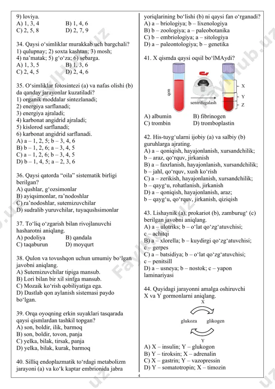 orda “oila” sistematik birligi berilgan? a) qushlar, g‘ozsimonlar b) ayiqsimonlar, ra’nodoshlar c) ra’nodoshlar, sutemizuvchilar d) sudralib yuruvchilar, tuyaqushsimonlar 37. to‘liq o‘zgarish bilan rivojlanuvchi hasharotni aniqlang. a) podoliya b) qandala c) taqaburun d) moyqurt 38. qulon va tovushqon uchun umumiy bo‘lgan javobni aniqlang. a) sutemizuvchilar tipiga mansub. b) lori bilan bir xil sinfga mansub. c) mozaik ko‘rish qobiliyatiga ega. d) dastlab qon aylanish sistemasi paydo bo‘lgan. 39. orqa oyoqning erkin suyaklari tasqarada qaysi qismlardan tashkil topgan? a) son, boldir, ilik, barmoq b) son, boldir, tovon, panja c) yelka, bilak, tirsak, panja d) yelka, bilak, kurak, barmoq 40. silliq endoplazmatik to‘rdagi metabolizm jarayoni (a) va ko‘k kaptar embrionida jabra yoriqlarining bo‘lishi (b) ni qaysi fan o‘rganadi? a) a – briologiya; b – lixenologiya b) b – zoologiya; a – paleobotanika c) b – embriologiya; a – sitologiya d) a – paleontologiya; b – genetika 41. x qismda qaysi oqsil bo‘lmaydi? a) albumin …