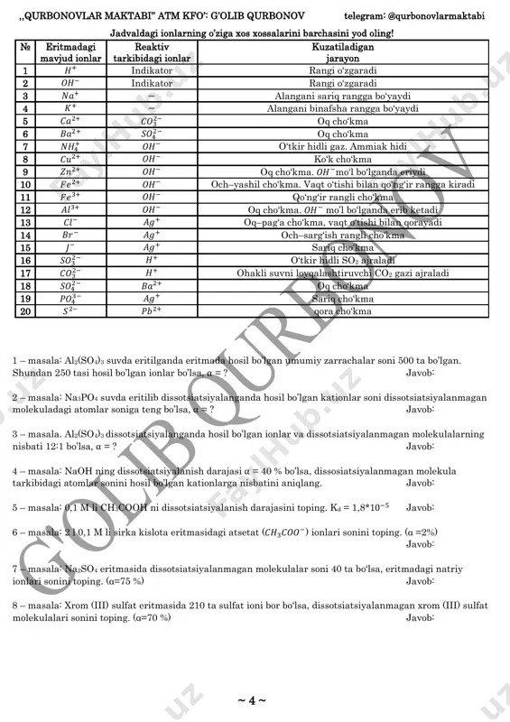 ar soniga teng bo’lsa, α = ? javob: 3 – masala. al2(so4)3 dissotsiatsiyalanganda hosil bo’lgan ionlar va dissotsiatsiyalanmagan molekulalarning nisbati 12:1 bo’lsa, α = ? javob: 4 – masala: naoh ning dissotsiatsiyalanish darajasi α = 40 % bo’lsa, dissosiatsiyalanmagan molekula tarkibidagi atomlar sonini hosil bo’lgan kationlarga nisbatini aniqlang. javob: 5 – masala: 0,1 m li ch3cooh ni dissotsiatsiyalanish darajasini toping. kd = 1,8*10−5 javob: 6 – masala: 2 l 0,1 m li sirka kislota eritmasidagi atsetat (𝐶𝐻3𝐶𝑂𝑂−) ionlari sonini toping. (α =2%) javob: 7 – masala: na2so4 eritmasida dissotsiatsiyalanmagan molekulalar soni 40 ta bo‘lsa, eritmadagi natriy ionlari sonini toping. (α=75 %) javob: 8 – masala: xrom (iii) sulfat eritmasida 210 ta sulfat ioni bor bo‘lsa, dissotsiatsiyalanmagan xrom (iii) sulfat molekulalari sonini toping. (α=70 %) javob: