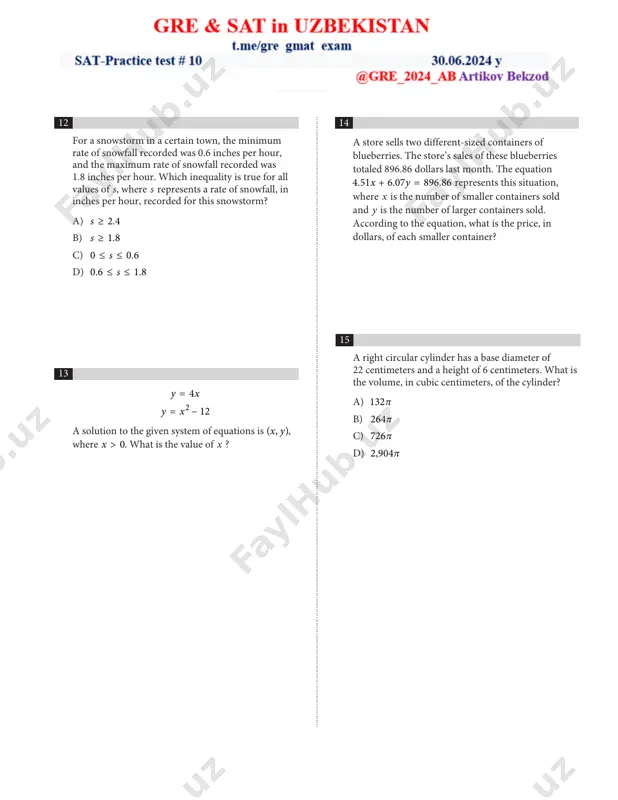 ani made, x, and the total length of fabric that she purchased y, in yards, is represented by the equation y − 5x = 6. what is the best interpretation of 6 in this context? a) kaylani made 6 suits. b) kaylani purchased a total of 6 yards of fabric. c) kaylani used a total of 6 yards of fabric to make the suits. d) kaylani purchased 6 yards more fabric than she used to make the suits. ............................................................................................................................................................................................................................................................................................................... 19 what is the value of tan 92π 3 ? a) − 3 b) − 3 3 c) 3 3 d) 3 20 in the triangle shown, what is the value of cos x° ? user placed image - -----~ -----~ - -----~ 21 the function g is defined by g(x) = (x + 14)(t − x), where t is a constant. in the xy-plane, the graph of y = g(x) …