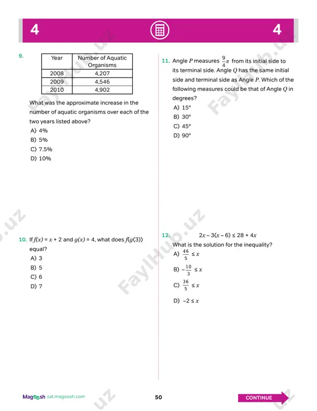 goosh.com 53sat.magoosh.com 4 4 continue 20. if y = 2x3 + 3x + 4 and t = 4x2 – 3x + 2, what is 2y – t in terms of x? a) 8x3 + 9x + 6 b) 4x3 – 4x2 + 3x + 10 c) 4x3 – 4x2 + 9x + 2 d) 4x3 – 4x2 + 9x + 6 21. for every four magazines wanda sells during the book drive, she gets 50 cents commission. if she makes a total of $20.50, how many magazines does she sell? a) 40 b) 41 c) 161 d) 164 22. (x + 1)(x2 + nx + 1) = x3 + 3x2 + 3x + 1 what is the value of n? a) –1 b) 1 c) 2 d) 3 23. a retailer purchases shirts from a wholesaler and then sells the shirts in her store at a retail price that is …