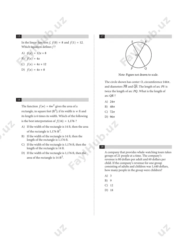 ............................................................................................. 19 the function h is defined by h x( ) = 4x + 28. the graph of xyy = h(x) in the -plane has an x-intercept at ( ,a 0) and a y-intercept at (0, b), where a and b are constants. what is the value of a + b ? a) 21 b) 28 c) 32 d) 35 20 one of the factors of 2x 3 + 42x 2 + 208x is x + b, where b is a positive constant. what is the smallest possible value of b ? 21 y = −1.5 y = x2 + 8x + a in the given system of equations, a is a positive constant. the system has exactly one distinct real solution. what is the value of a ? 22 f (x) = (x + 6)(x + 5)(x − 4) the function f is given. which table of values represents …