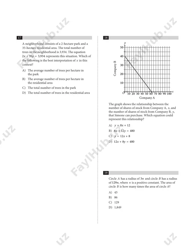 ............................................................................... the frequency table summarizes the 57 data values in a data set. what is the maximum data value in the data set? a) 10 b) 12 c) 11 d) 14 21 a circle in the xy-plane has a diameter with endpoints (2, 4) and (2, 14). an equation of this circle is (x − 2)2 + (y − 9)2 = r 2, where r is a positive constant. what is the value of r ? a) 18 b) 13 c) 5 d) 10 angle r. what is the measure of angle t, in degrees? a) 75 b) 120 c) 195 d) 390 telegram kanalimi: https://t.me/gre_gmat_exam https://t.me/gre_gmat_exam https://t.me/gre_gmat_exam 24 x y 18 130 23 160 26 178 for line h, the table shows three values of x and their corresponding values of y. line k is the result of translating line h down 5 units in the xy-plane. what is …