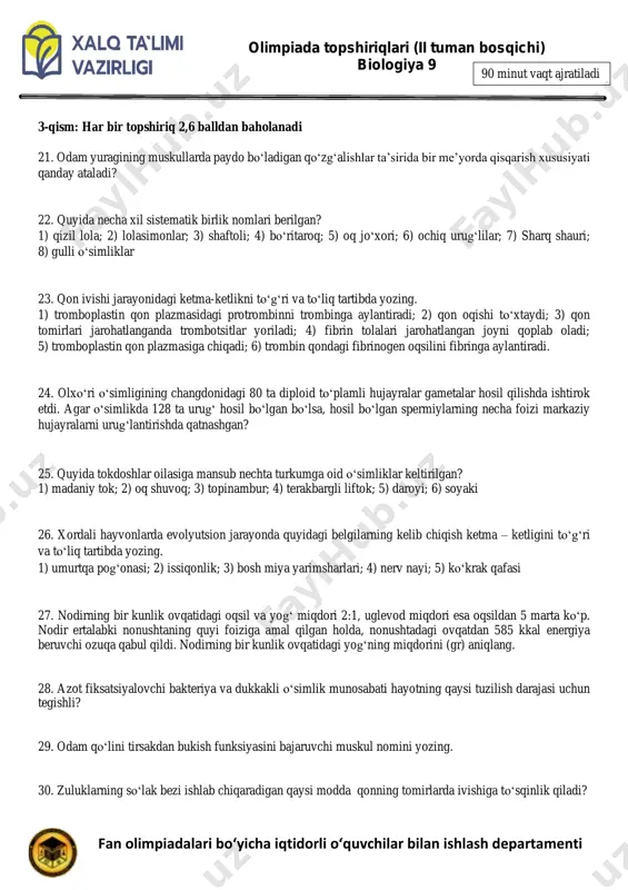7, 8, 10 d) i: a − 1, 5; b − 2, 3, 9; ii: a − 4, 6; b − 7, 8, 10 17. o‘simlikxo‘r umurtqali (a), yirtqich umurtqasiz (b) hayvonlarni aniqlang. 1) arxar; 2) tillako‘z; 3) kolorado qong‘izi; 4) jayron; 5) miqqiy; 6) falanga; 7) zubr; 8) chirildoq; 9) biy; 10) qaldirg‘och a) a – 1, 4; b – 2, 6 b) a – 4, 8; b – 5, 10 c) a – 2, 3; b – 4, 5 d) a – 1, 7; b – 9, 10 18. ii qon guruhiga ega rezus musbat, sog‘lom qizning katta qon aylanish doirasi arteriyalaridagi qon plazmasida qanday moddalar bo‘ladi? a) timozin, mochevina, kreatinin, vitamin b, agglyutinin β b) antigemofil omil, agglyutinin β, gormonlar, vitaminlar, rezus omil c) gormonlar, vitaminlar, antitanalar, glukoza, agglyutinogen a d) antitanalar, insulin, agglyutinin β, gemoglobin, glukoza, fermentlar 19. zuhrasochning sporofiti uchun xos bo‘lgan (a) va xos …