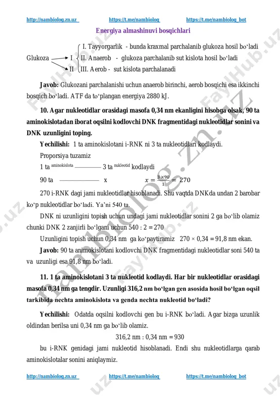 il bo‘lgan atf miqdorini aniqlang. yechilishi energiya almashinuvi bosqichlari i.tayyorgarlik - bunda kraxmal parchalanib glukoza hosil bo‘ladi ii.anaerob - 1 mol ——— 2 c3h6o3 + 2 atf hosil bo‘ladi 2 mol ——— x = 4 —— y = 4 iii.aerob - 2 c3h6o3 + 6o2 ——— 6co2 ——— 36atf hosil bo‘ladi. javob: ajralib chiqqan karbonat angidrid 6 mol va hosil bo‘lgan atf miqdori esa 40 mol (36 + 4 = 40) bo‘ladi. 13. glikolizga to‘rt molekula glukoza uchragan, undan faqat ikki molekulasi kislorodli parchalanishga uchragan. bunga sarf bo‘lgan kislorod miqdori va to‘plangan sut kislotani miqdorini toping. yechilishi: energiya almashinuvi bosqichlari i.tayyorgarlik - bunda kraxmal parchalanib glukoza hosil bo‘ladi ii.anaerob - 1mol ——— 2 c3h6o3 + 2 atf hosil bo‘ladi 4mol ——— x = 8 ——— y = 8 iii.aerob - 2 c3h6o3 + 6o2 ——— 6co2 ——— 36atf hosil bo‘ladi. 4 ————— x = 12 javob: sarf bo‘lgan kislorod miqdori …