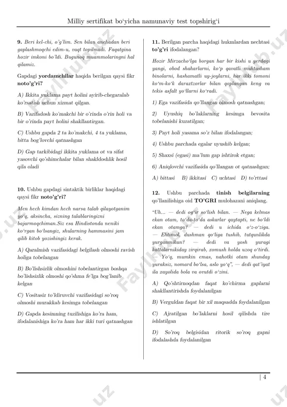 u yerdagi yangi, obod shaharlarni, ko‘p qavatli muhtasham binolarni, hashamatli uy-joylarni, har ikki tomoni ko‘m-ko‘k daraxtzorlar bilan qoplangan keng va tekis asfalt yo‘llarni ko‘radi. 1) ega vazifasida qo’llangan olmosh qatnashgan; 2) uyushiq bo’laklarning kesimga bevosita tobelanishi kuzatilgan; 3) payt holi yasama so’z bilan ifodalangan; 4) ushbu parchada egalar uyushib kelgan; 5) shaxsi (egasi) ma’lum gap ishtirok etgan; 6) aniqlovchi vazifasida qo’llangan ot qatnashgan; a) bittasi b) ikkitasi c) uchtasi d) to’rttasi 12. ushbu parchada tinish belgilarning qo’llanilishiga oid to’gri mulohazani aniqlang. “uh... — dedi og‘ir so‘lish bilan. — nega kelmas ekan otam, to‘da-to‘da askarlar qaytapti, ne bo‘ldi ekan otamga? — dedi u ichida o‘z-o‘ziga. — ehtimol, dushman qo‘liga tushib, tutqunlikda yurganmikan? — dedi va yosh yuragi kattalarnikiday zirqirab, xomush holda uzoq o‘tirdi. — yo‘q, mumkin emas, nahotki otam shunday yuraksiz, nomard bo‘lsa, aslo yo‘q”, — dedi qat’iyat ila xayolida bola va ovutdi o‘zini. a) qo’shtirnoqdan faqat ko’chirma gaplarni shakllantirishda foydalanilgan …