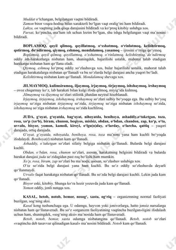 etmoq ko‘proq kitobiy uslubga xos. bitirmoq, o‘rinlatmoq, do‘ndirmoq, bajo qilmoq, asosan, «ish-vazifani yakuniga yetkazish» ma’nosida ishlatiladi. o‘rinlatmoq kam qo‘llanadi. do‘ndirmoq ko‘proq oddiy so‘zlashuvga xos va unda belgi darajasi kuchli. bajo qilmoq nisbatan eskirgan, kam qo‘llanadi. o‘tamoq «burch-vazifani ado etish» ma’nosida qo‘llanadi. balo, usta, ustamon, bilag‘on, bilarmon, chechan, epchil, chaqqon, uddaburon – o‘rinlatib bajaradigan, mahorat va chaqqonlikka ega. balo ko‘proq oddiy so‘zlashuvga xos. u «aqliy, jismoniy ish-harakat bajarishda yuqori mahoratga egalik»ni ifodalash uchun qo‘llana oladi. usta aql, malaka talab etadigan harakatlarga nisbatan qo‘llanadi. ustamon quvlik, ayyorlik bo‘yoqqa ega. bilag‘on, bilarmon so‘zlarining xususiyati ularning o‘zagidan anglashib turadi. bilarmon salbiy bo‘yoqqa ega. chechan, chaqqon, epchil «tez va oson bajarish mahoratiga egalik»ni bildiradi. uddaburon, asosan, «ish-vazifani ijro etish mahoratiga egalik»ni ifodalash uchun qo‘llanadi. boshliq, rahbar, yo‘lboshchi, ishboshi, boshchi, katta, kattakon, ulug‘, rahnamo, sardor, peshvo, sarvar, sarkarda, xo‘jayin, kallampo – guruh, jamoa, xo‘jalik va shu kabilarning ish-harakatida bosh bo‘luvchi, mas’ul shaxs. boshliq «katta jamoa, xo‘jalikka …
