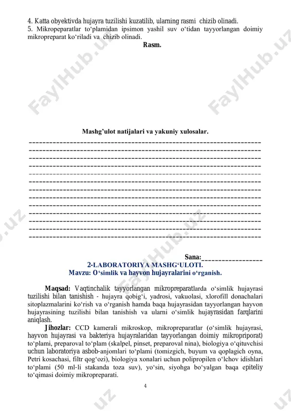 ‘simlik va bakteriya ho‘jayrasi navbat bilan ko‘riladi 10. mikroskop ostida ko‘rilgan hujayra va uning qismlari chizib olinadi. mashg’ulot natijalari va yakuniy xulosalar. ____________________________________________________________________ ____________________________________________________________________ ____________________________________________________________________ ____________________________________________________________________ ____________________________________________________________________ ____________________________________________________________________ ____________________________________________________________________ ____________________________________________________________________ ____________________________________________________________________ ____________________________________________________________________ ____________________________________________________________________ ____________________________________________________________________ ____________________________________________________________________ ____________________________________________________________________ ____________________________________________________________________ ____________________________________________________________________ __________________________________________________________________ sana:__________________ 6 3-laboratoriya mashg‘uloti. mavzu:o‘simlik hujayrasida plazmoliz va deplazmolizni kuzatish. maqsad: fiziologik eritmalar bilan tanishish va izotonik, gipertonik, gipotonik eritmalarning o‘simlik hujayralariga ta'sirini hamda osmos jarayonni kuzatishdan iborat. jihozlar: ccd kamerali mikroskop, biologiya xonalari uchun laboratoriya asbob-anjomlari to‘plami (filtr qog‘ozi, tomizg‘ich, buyum va qoplagich oynalari, petri kosachasi), biologiyadan tajribalar o‘tkazish uchun kimyoviy reaktivlar to‘plami, preparoval to‘plam (skalpel, pinset, preparoval igna), polipropilenli o‘lchov idishlari to‘plami, gipertonik, gipotonik va izoto