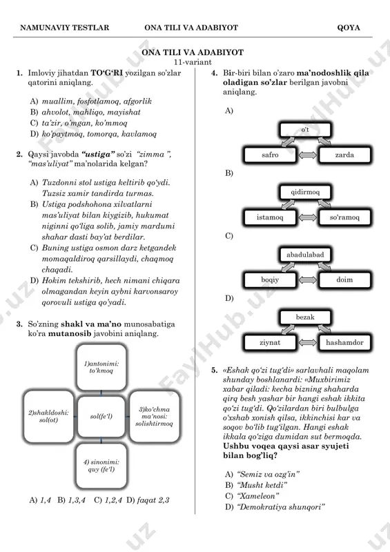 g‘riga qarab o‘qdek otilib boradir, uchgan yo‘lida vijir-vijir sayrab ham qo‘yadir. endi otabekning ko‘nglidan bir gap ham o‘tib ketadir: "ikki yorni orziqtirib ajratquchi bu falakning gardishi emas, ota-onaning orzusi!" o‘zining sirlik ma’nosiga otabekning istiqbolini olib ko‘ringan bu bayt, nihoyat, uni yig‘latadir. ko‘z yoshlari yuzi orqali egarining qoshiga va otining yoliga shoshilmasdan toma boshlaydir. i ii iii 1 2 3 4 5 6 namunaviy testlar ona tili va adabiyot qoya 9. qaysi gaplarda tire bir xil punktuatsion qoida asosida qo’yilgan? a) 3,5 b) 3,4 c) 2,4 d) 1,6 10. quyidagi ikki gapga mos keladigan hukmlar to‘g‘ri berilgan javobni aniqlang? a) a-3,5; b-1,2,4 b) a-2,4; b-1,3,5 c) a-1,5; b-2,3,4 d) a-2,5; b-1,3,4 1. mamlakatimizdagi joy nomlari – toponimlarni to‘plash, ularning rivojlanish va o‘zgarish tamoyillarini aniqlashni boshlashdi. 2. mexanika – tashqi kuch ta’sirida jismning fazoda harakatlanishi va muvozanatini o‘rganish bilan shug‘ullanadigan fan. 3.kelgan mehmonni biz – oq bo‘ladimi, qora bo‘ladimi – boshimizga ko‘tarmay …