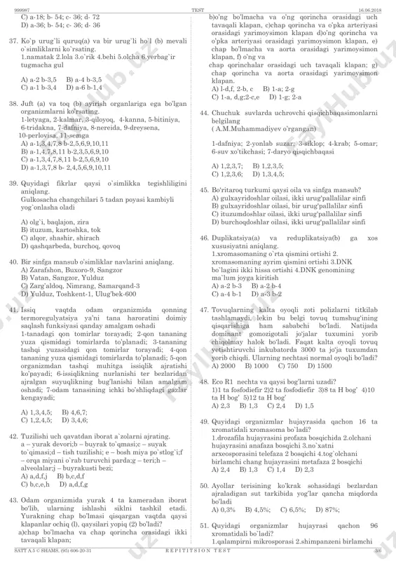 n, 5 ta 25. x mol (suvda eruvchan) me2so4 va 208 g bacl2 tutgan eritmalar 500 g dan aralashtirilganda y g 19,43% li eritma olindi. me ni aniqlang. a) rb b) li c) k d) na 26. bir atomli to’yingan spirt karbon kislotaga qadar oksidlandi. bunda sp3 gibrid orbitallar soni 1,25 marta kamaydi. spirt formulasini aniqlang. a) butanol b) propanol c) metanol d) etanol 27. reaksiya natijasida 29,8 l (250 c, 207, 85 kpa) azot molekulasi hosil bo’lsa, (nh4)2cr2o7 ni parchalash uchun sarflangan issiqlik miqdorini kj da aniqlang. (nh4)2cr2o7, cr2o3 va h2o larning hosil bo’lish issiqliklari mos ravishda 1808 kj, 1141 kj, 286 kj. a) 285 b) 4,5 c) 252 d) 1192,5 28. tabiiy gips 150-170ºc da qizdirilganda tarkibidan 3/4 qism suv chiqib alebastr (caso4•0,5h2o) ga aylanadi, gipsdagi suvsiz tuzning massa ulushini(%) aniqlang. a) 79,1 b) 93,8 c) 16,56 d) 6,2 29. reaksiya natijasida 5,6 g azot hosil bo’lishi uchun …