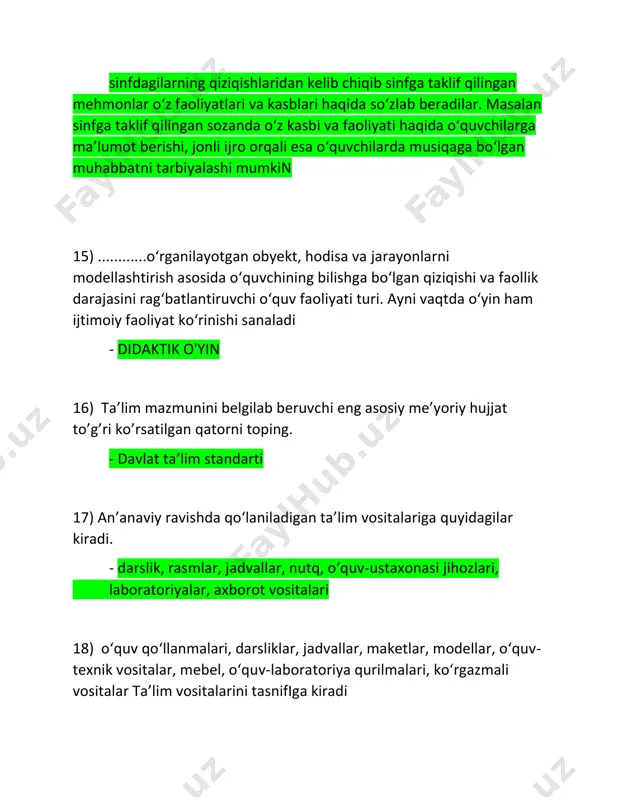 ............. ushbu qonuniyatlarga amal qilgan hol “tinglovchilarga halovat bag'ishlash” orqali odamlarni ezgulikka, adolatparvarlikka, vatan oldidagi burchlariga sadoqatli bo'lishga, eng yaxshi insoniy fazilatlarga amal qilib, ularni bajarishga, odob va axloq qoidalariga rioya qilishga chorlar edilar. bu ularning asosiy vazifasi hisoblanardi notiqlar 31) kombinatsion dars turi qaysi? - aralash 32) mavjud bilimga tayanib, tarkibiy elementlar asosida bir butun ob'ekt to'g'risida umumiy xulosa chiqarish bu - sintezlash 33) mavjud bilimga tayanib, bir butun ob'ektni tarkibiy elementlarga ajratgan holda o'rganish, juz'iy xulosa chiqarish bu? - tahlil qilish 34) pedagogik muloqot uslublari to’g’ri keltirilgan qatorni toping - avtoritar, liberal, demokratik 35) bolalarga bo'lgan nmhabbatdan kelib chiqadigan o'quvchilarning his-tuyg'usini, psixologik holatlarini qalbdan his etish, tushunish, idrok etish, ularga achinish xususiyatlarini aks ettiruvchi qobiliyat bu ...... - empatik qobiliyat 36) ota-onalar yig’ilishida o’qituvchi bir onaga bolasi ustidan shikoyat qildi, natijada ota-ona va o’qituvchi o’rtasida janjal kelib chiqdi. jahli chiqqan ota-ona farzandini boshqa maktabga olib ketdi. o’qituvchi xato …