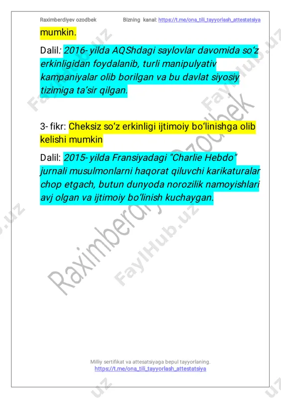 ultayyorlaning. https://t.me/ona_tili_tayyorlash_attestatsiya dalil:jahonsog‘liqnisaqlashtashkiloti ma’lumotlarigako‘ra,dunyoda285milliondanortiq odam ko‘rishqobiliyatibilanbog‘liqmuammolarga ega.ularuchunaudiokitoblarbilim olishningasosiy vositalaridanbirihisoblanadi.ko‘ziojizinsonlar uchunmaxsusilovalarorqaliaudiokitoblaryetkazib berilishiushbumuammoyechimigaxizmat qilmoqda. 3-fikr:audiokitoblartovushorqalihissiyta’sirni oshiradivahikoyanijonlihisqilishgayordam beradi dalil:mashhur"harrypotter"audiokitobijim deyl tomonidanovozlashtirilganvatinglovchilarning aksariyatiovozohanglari,dramatikpauzalarva ifodalio‘qishnatijasidakitobnio‘qigandekemas, balkiteatrtomoshasidekhisqilganinita’kidlagan. ovozbilanijroetilganmatnlarhikoyagachuqurroq sho‘ng‘ishgayordam beradi. 2-tomon 1-fikr:audiokitoblarmatnnito‘liqtushunishga xalaqitberishimumkin raximberdiyevozodbek bizning kanal:https://t.me/ona_tili_tayyorlash_attestatsiya milliysertifikatvaattesatsiyagabepultayyorlaning. https://t.me/ona_tili_tayyorlash_attestatsiya dalil:norvegiyafanlarakademiyasitomonidan o‘tkazilgantadqiqotgako‘ra,an’anaviykitob o‘qigantalabalaraudiokitobtinglagantalabalar bilansolishtirilganda,o‘qilganmatnni25% yaxshiroqtushunganvaasosiyma’lumotlarni yoddasaqlashko‘rsatkichlariyuqoribo‘lgan. demak,tinglashvizualo‘qishgaqaragandakamroq samaralibo‘lishimumkin. 2-fikr:audiokitoblardiqqatsizlikvayuzakio‘qishga sababbo‘ladi dalil:2022-yildaoksforduniversitetitomonidan o‘tkazilgantadqiqotdaaudiokitobtinglovchilarning 60foiziboshqaishbilanshug‘ullanayotgani aniqlangan.natijadaularhikoyaningmuhim qismlarinie’tiborsizqoldirib,umumiytushuncha hosilqilishbilankifoyalanishgan. 3-fikr:audiokitoblarodatdagio‘qishmalakasini pasaytirishimumkin dalil:o‘quvchiyoshlarorasidao‘tkazilgan tadqiqotlargako‘ra,faqataudiokitoblartinglagan raximberdiyevozodbek bizning kanal:https://t.me/ona_tili_tayyorlash_attestatsiya milliysertifikatvaattesatsiyagabepultayyorlaning. https://t.me/ona_tili_tayyorlash_attestatsiya talabalaran’anav