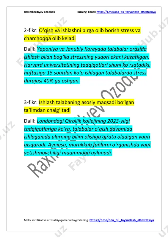 maktabi tadqiqotlariga ko‘ra, vodoprovod suvidan foydalanish qadoqlangan suv sotib olishga qaraganda 500 baravar arzonroq. bu ayniqsa kam daromadli oilalar uchun muhim. 3-fikr: plastik idishlardagi suvning sifati har doim ham kafolatlanmaydi dalil: 2018-yilda o‘tkazilgan jsst tadqiqotlari natijasida 259 ta plastik idishdagi suv namunalarining 90 foizida mikroplastik zarrachalar aniqlangan. ularning uzoq muddatli iste’moli inson salomatligiga zarar yetkazishi mumkin. https://t.me/ona_tili_tayyorlash_attestatsiya https://t.me/ona_tili_tayyorlash_attestatsiya raximberdiyev ozodbek bizning kanal: https://t.me/ona_tili_tayyorlash_attestatsiya milliy sertifikat va attesatsiyaga bepul tayyorlaning. https://t.me/ona_tili_tayyorlash_attestatsiya ⚡ esse uchun muhim 20 mavzu ⚡ 8-esse vaziyati: ba’zilar an’anaviy oilaviy qadriyatlar asosida yashashni afzal ko‘rsa, ayrimlar zamonaviy oila qadriyatlari bo‘yicha yashash kerak deb hisoblaydi. 1-tomon: an’anaviy oilaviy qadriyatlar muhimroq 1-fikr: an’anaviy oila farzand tarbiyasida barqaror muhit yaratadi dalil: o‘zbekiston respublikasi oila va xotin-qizlar qo‘mitasining 2023-yilgi tadqiqotlariga ko‘ra, an’anaviy qadriyatlar ustuvor bo‘lgan oilalarda voyaga yetayotgan bolalarning ijtimoiy moslashuv darajasi yuqori bo‘lib, ularning 80 foizi oliy ta’lim muassasalarida tahsil olishga intiladi. 2-fikr: oila mustahkamligi jamiyat barqarorligiga hissa qo‘shadi https://t.me/ona_tili_tayyorlash_attestatsiya https://t.me/ona_tili_tayyorlash_attestatsiya …