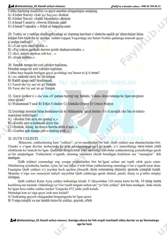 an boqadi. a) 1, 2, 3 v) 1, 2, 3, 4 s) 1 va 2 d) 3 va 4 20. malika mumtozmahal shohning ma’yusligini sezgach, uni xushnud etish uchun g‘azallar o‘qib xayollarini ezgu ishlarga undashga harakat qilardi. ushbu gapdagi otlar qaysi qatorda to‘g‘ri izohlangan? a) 2 ta shaxs oti, 1 ta shaxs nomi b) 1 ta shaxs oti, 1 ta shaxs nomi c) 1 ta shaxs oti, 2 ta shaxs nomi d) 2 ta shaxs oti, 2 ta shaxs nomi 21. qaysi adib o`z asarlarida xalqning parokanda bo`lishiga sababchi beklarni tanqid ostiga olgan va ularni birlashishga undagan? a) zavqiy b) muqimiy c) ogahiy d) farog`iy 22. hech bir xalq dalada ishlash doston yozishdek shonli ish ekanligini anglab yetmaguncha yuksalmaydi. ushbu gapda nechta fe’lli so‘z birikmasi bor? a) 4 v) 5 s) 6 d) 7 23. fe’lning qaysi vazifa shakllari tarkibidagi egalik qo'shimchalari harakat bajaruvchisining shaxsi va sonini bildiradi? 1) sof …