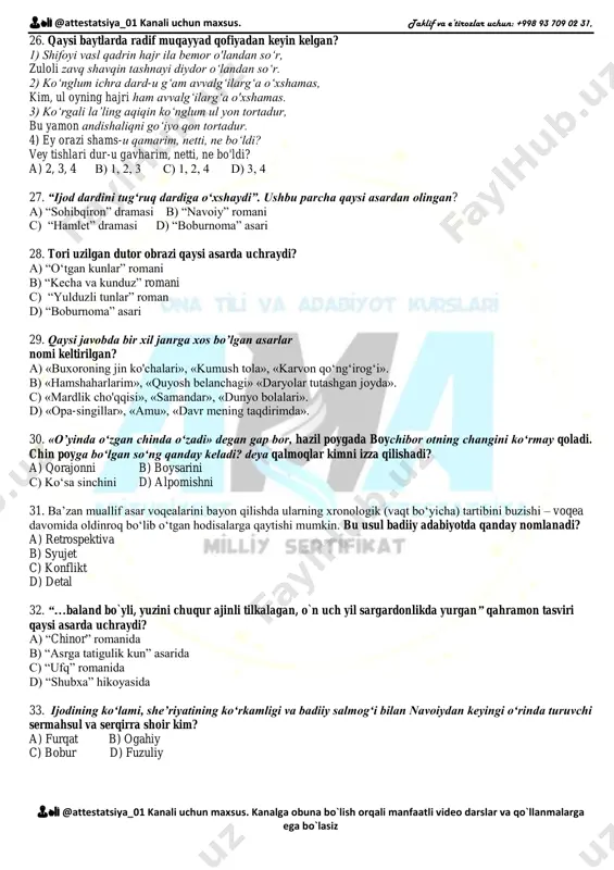 egallash insonni noto‘g‘ri yo‘llaga kirib ketishdan asrashi haqida aytilgan. 3. inson dunyodagi barcha ilmlarni mukammal egallab olmog‘i shart. 4. matnda ilm olish ayol va erkak uchun farzdir degan g‘oya ham ilgari surilgan. a) 1, 2, 4 b) 2, 3, 4 c) 2, 3 d) 1, 2, 3 17. kimning ijodida tun bir o‘rinda qora yuz bog‘i istiorasi bilan ifodalansa, boshqa o‘rinlarda zangi yuzi, sevuglar qoshi, qora soch bo‘dug‘i, qora ko‘ylak istioralari bilan tasvirlangan? a) lutfiy b) atoiy c) alisher navoiy d) yusuf hos xojib 18. abro‘ so‘zining manosini toping. a) e’tibor b) qosh c) hurmat d) nafislik 19. juftlashganda ikkinchi o‘rinda qo'llanadigan so‘zlarni ajrating. 1) buzoq; 2) ulov; 3) ishq; 4) xabar; 5) salom; 6) metin; 7) faryod. a) 1, 2, 3, 6, 7 b) 5, 6, 7 c) 1, 2, 4, 6, 7 d) 4, 5 20. so'zga qo‘shib yozilmaydigan yuklamalar berilgan javobni toping. a) -mi, - oq (-yoq), …