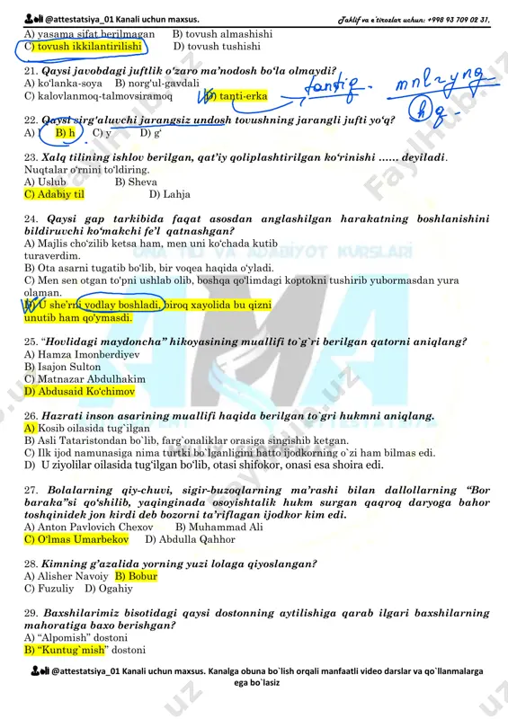 r o'rnida 2 o‘rinda qaratqich, 1 o‘rinda tushum kelishigi qo‘shimchasi qo‘llanadi? 1) mamlakat... kichik bir qismi bo'lgan oila... tinchligi... asraylik; 2) qirq yil umri... sarf qilib, yulduzlar siri..., koinot siri... o‘rgandi-yu, zamin siriga, insonlar hayotiga kelganda g‘aflatda qoldi; 3) yo'lchi arava... nimasi shikastlangani... payqamay hayron bo'lib turar ekan, dehqon... ayanchli tovushi eshitildi; 4) ko‘p til... bilmoqlik., foydasi katta, u inson... katta boyligi hisoblanadi. a) 1, 2, 3, 4 b) 1, 3, 4 c) 2, 3, 4 d) 1, 2, 3 14. har bir farzand ona nasihatlarini jon qulog‘i bilan eshitishi, to‘g‘ri yo'lga targ‘ib etsa, qarshilik qilmasligi, ota yoki onadan birortasi ish buyurganda shu buyurilgan ishda xatolik borligini bilsa ham yuragini tor qilib, qattiq gapirmasligi, kulib turib, bu ishda xatolik borligini yumshoqlik bilan isbot qilib, ularni ko'ndirishi lozim. qaysi hukm xato? a) orttirma nisbat shaklidagi so‘z murakkab fe’l kesim vazifasida kelgan. b) fe’lning vazifa shakli ishtirok etgan sodda yasama so‘z tarkibida …