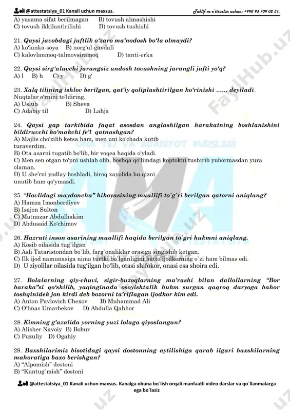 r o'rnida 2 o‘rinda qaratqich, 1 o‘rinda tushum kelishigi qo‘shimchasi qo‘llanadi? 1) mamlakat... kichik bir qismi bo'lgan oila... tinchligi... asraylik; 2) qirq yil umri... sarf qilib, yulduzlar siri..., koinot siri... o‘rgandi-yu, zamin siriga, insonlar hayotiga kelganda g‘aflatda qoldi; 3) yo'lchi arava... nimasi shikastlangani... payqamay hayron bo'lib turar ekan, dehqon... ayanchli tovushi eshitildi; 4) ko‘p til... bilmoqlik., foydasi katta, u inson... katta boyligi hisoblanadi. a) 1, 2, 3, 4 b) 1, 3, 4 c) 2, 3, 4 d) 1, 2, 3 14. har bir farzand ona nasihatlarini jon qulog‘i bilan eshitishi, to‘g‘ri yo'lga targ‘ib etsa, qarshilik qilmasligi, ota yoki onadan birortasi ish buyurganda shu buyurilgan ishda xatolik borligini bilsa ham yuragini tor qilib, qattiq gapirmasligi, kulib turib, bu ishda xatolik borligini yumshoqlik bilan isbot qilib, ularni ko'ndirishi lozim. qaysi hukm xato? a) orttirma nisbat shaklidagi so‘z murakkab fe’l kesim vazifasida kelgan. b) fe’lning vazifa shakli ishtirok etgan sodda yasama so‘z tarkibida …