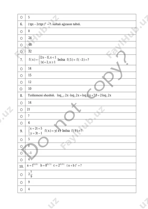 tússe, onıń qaptal beti maydanın tabıń. 5 5 21 5 29 6 35. anıq emes integraldı esaplań. 4 sin xdx 4cos x c− + cos 2x cos 4x c 4 32 + + cos2x cos4x c− + + 3 sin 2x sin4x x c 8 4 32 − + + 36. tómendegi súwret járdeminde neshe túrli parallelogram jasaw múmkin? 22 19 18 20 37. 2 11 19 11 1 38 x xy x y  + =   + =  bolsa ?x y = 1 2 3 4 38. diagonalları 6 hám 8 bolǵan rombtıń biyikligin tabıń. 4,8 9,6 5,2 4,4 39. katetleri 3 hám 4 bolǵan úshmúyeshliktiń gipotenuzaǵa túsirilgen bissektrisa gipotenuzanı qanday uzınlıqtaǵı kesindilerge bóledi? 15 20 ; 7 7 20 25 ; 9 9 19 21 ; 8 8 7 8 ; 3 3 40. arifmetik progressiyada 1 20 12 1, 380a s s= − = …