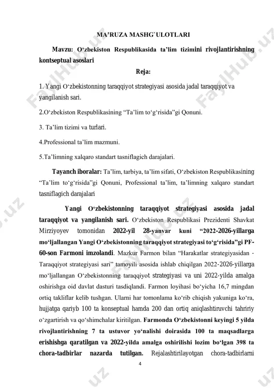 rning yoshlarga ta’lim va tarbiya berishdagi mas’uliyatini, doimiy kasbiy rivojlanishdagi talabchanligini oshirish; - umumiy o‘rta ta’lim muassasalari uchun milliy kadrlar zaxirasini shakllantirish, ilg‘or maktab direktori va namunali o‘qituvchi mezonlarini ishlab chiqish hamda ular asosida rahbar va pedagog kadrlar faoliyatini baholab borish; - umumiy o‘rta ta’lim muassasalarida ma’naviy-ma’rifiy ishlarni tizimli tashkil etish, mazkur yo‘nalishda uzluksiz monitoring, baholash va prognozlash mexanizmlarini yo‘lga qo‘yish, bola ta’lim-tarbiyasida oila, ayniqsa, ota- onaning o‘rnini oshirish; - o‘quvchilarning bo‘sh vaqtlarini mazmunli tashkil etish, ularni kasblarga yo‘naltirish tizimini takomillashtirish; - alohida ta’lim ehtiyojlari bo‘lgan bolalarning xalq ta’limi tizimiga integratsiyasini kuchaytirish hamda inklyuziv ta’lim jarayonlarini jadallashtirish; - umumiy o‘rta ta’limda barcha ma’lumot almashinuvi jarayonlarini xalq ta’limi tizimini boshqarishning yagona dasturiy majmuasi orqali amalga oshirilishini hamda ushbu sohada elektron davlat xizmatlari ko‘lamini kengaytirish; - umumiy o‘rta ta’lim muassasalarining navbatlilik koeffitsientini optimal darajaga etkazish, zamonaviy modellar bo‘yicha maktablarni qurish, rekonstruksiya qilish, mukammal ta’mirlash hamda zarur jihozlar bilan ta’minlash. xalq ta’limi xodimlarini …